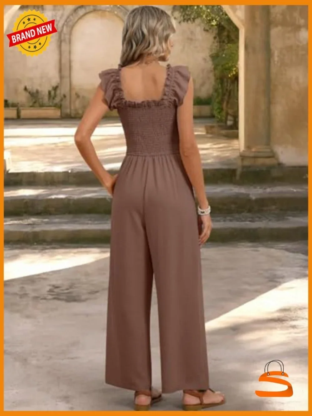 Dressy Casual Smocked Ruffle Cap Sleeve Jumpsuit with Pockets